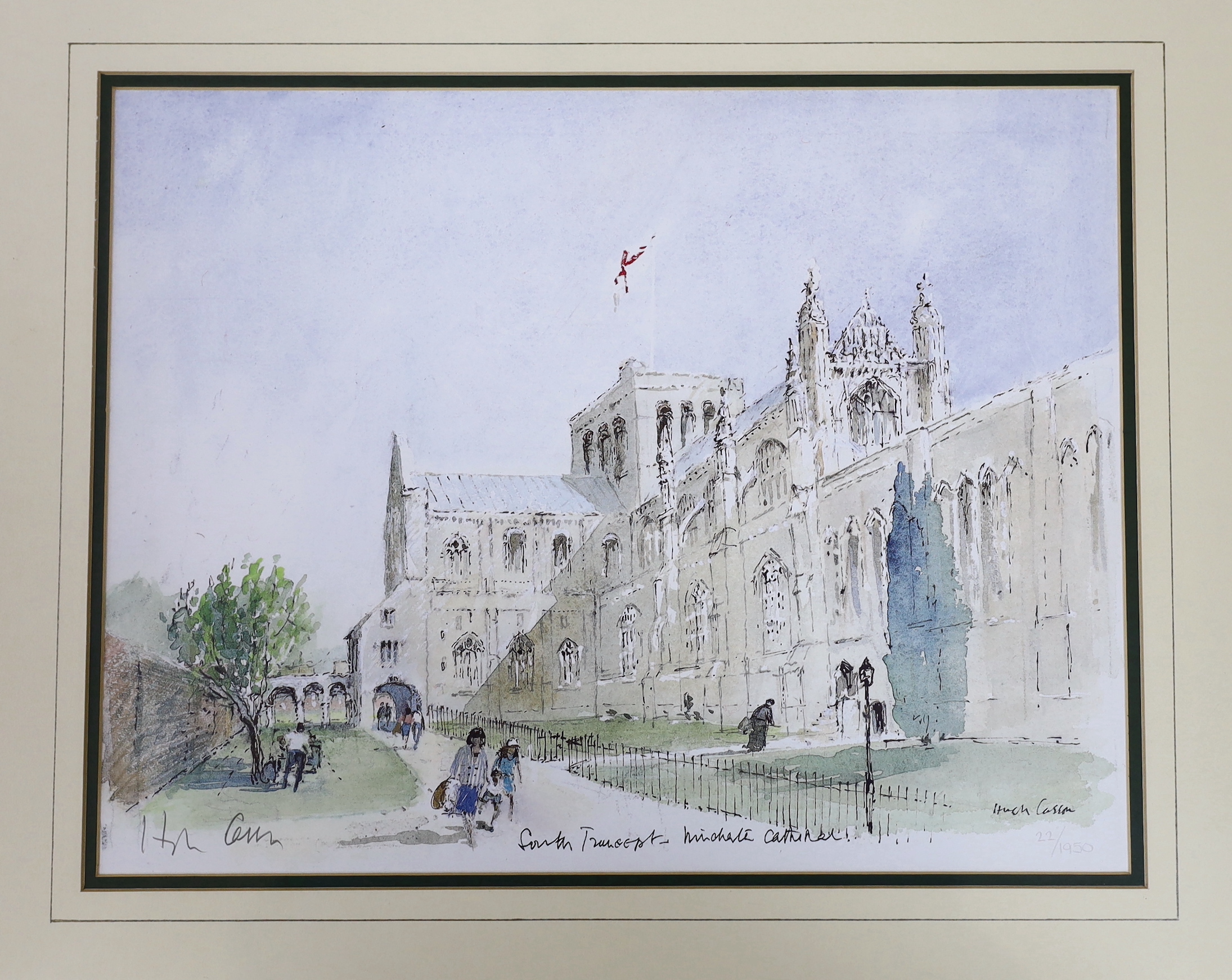 Four pencil signed prints including Hugh Casson (1910-1999) Cathedral, Robert R Greenhalf (b.1950) Two Highland Over and Phil Greenwood (b.1943) Treeline, three framed, largest 55 x 45cm